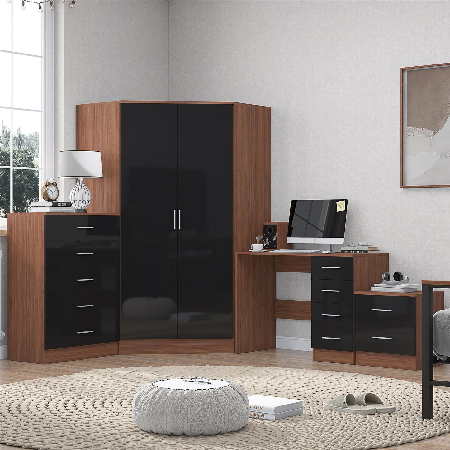 REFLECT Gloss 4pc Set - 2 Door Corner Wardrobe + 5 Draw Chest + Bedside + Desk