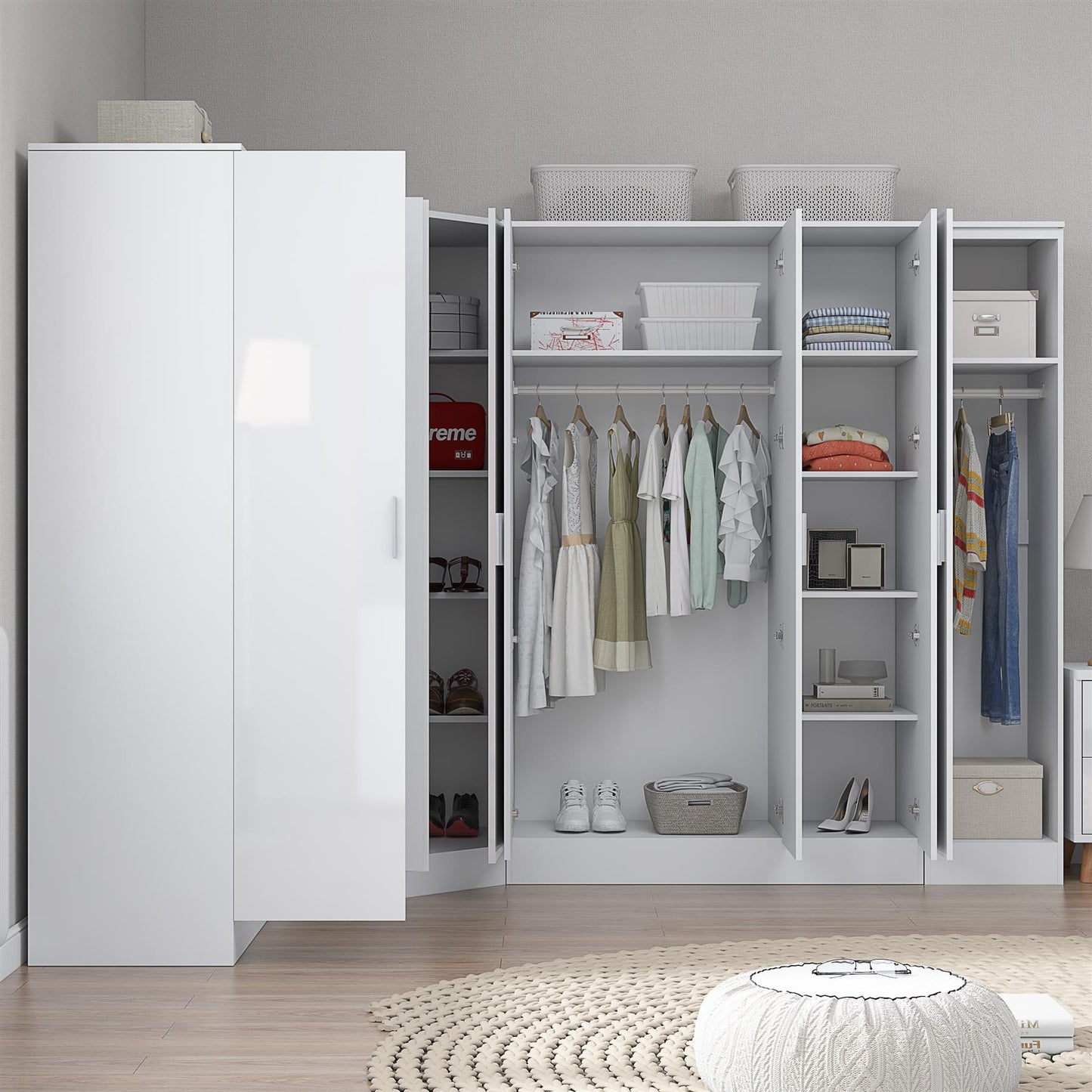 REFLECT Gloss Large 8 Door Corner Mirror Wardrobe Bedroom Furniture Bundle Set