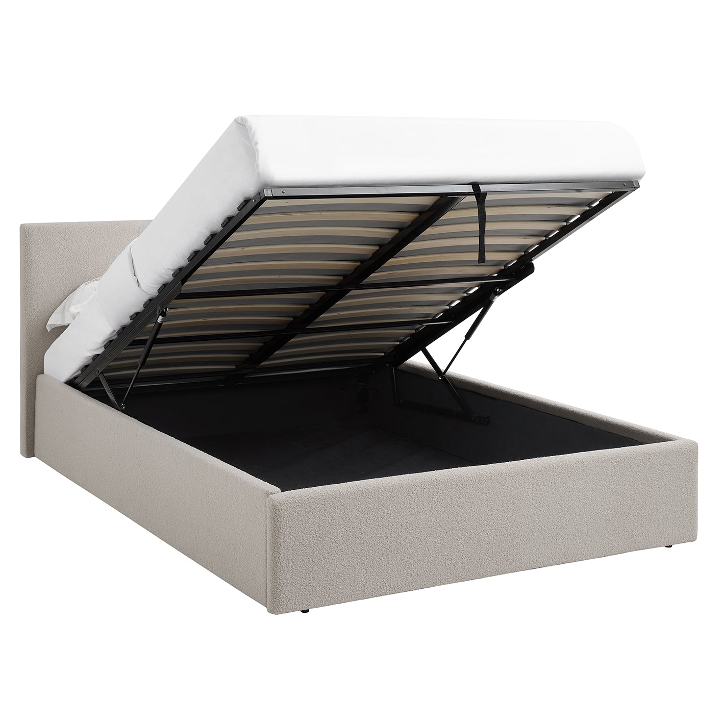 TEDDY BOUCLE 5FT King Beige Ottoman Storage Bed Gas Lift Up with Memory Foam & Spring Mattress
