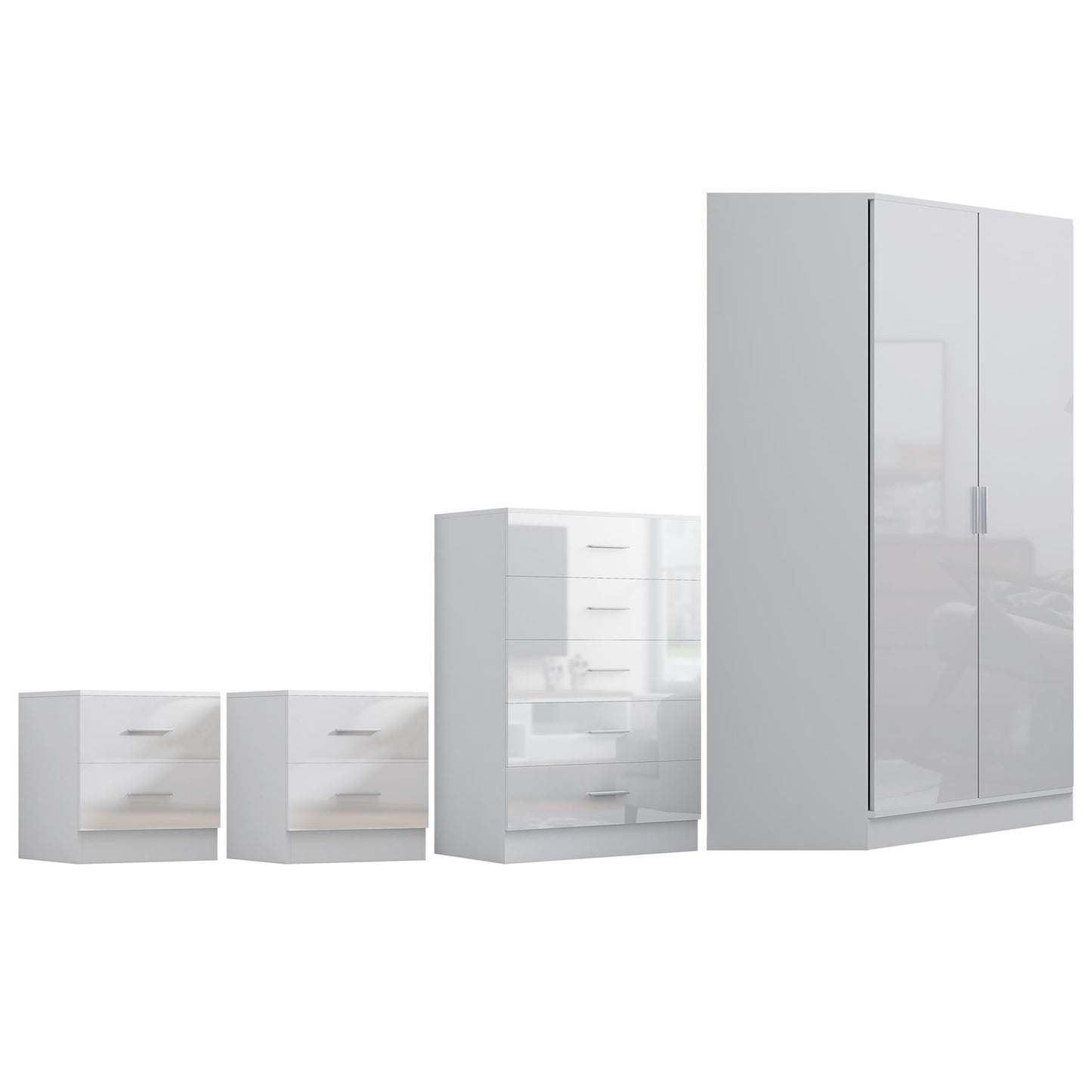 REFLECT Gloss 4pc Set - 2 Door Corner Wardrobe + 5 Draw Chest + 2 Bedsides