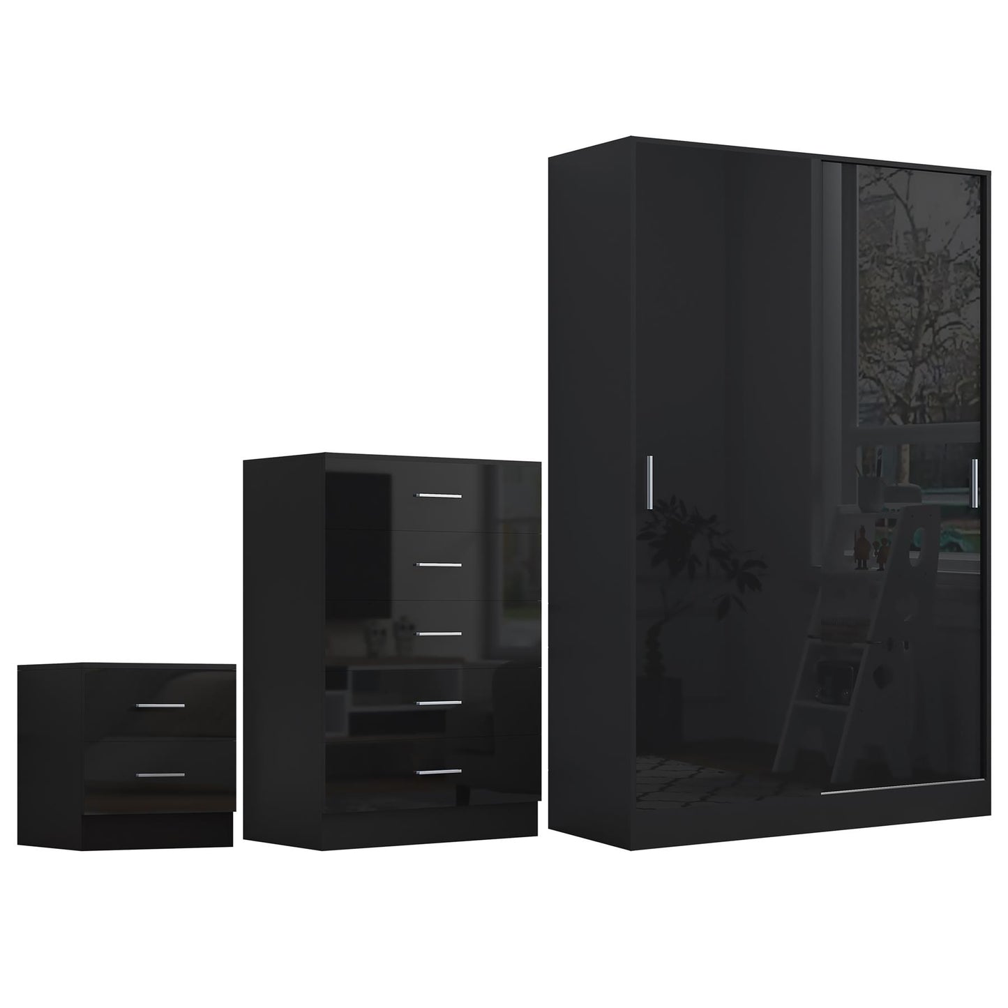 REFLECT Gloss 3pc Set - 2 Door Sliding Wardrobe + 5 Draw Chest + Bedside