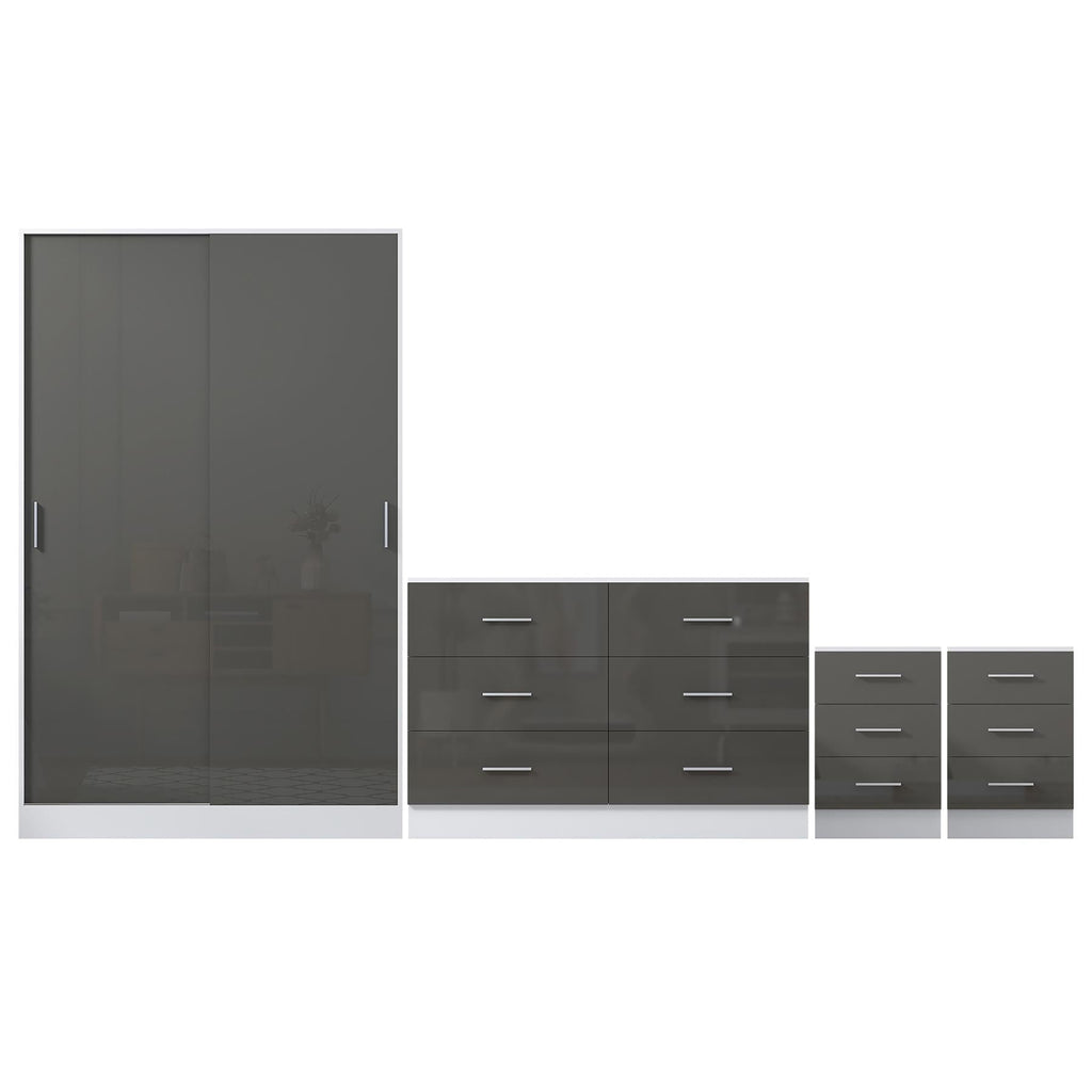 REFLECT Gloss 4pc Set - 2 Door Sliding Wardrobe + Wide Chest + 2 Tall Bedsides