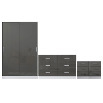 Reflect 2 Door Sliding Wardrobe, 6 Drawer Wide Chest, 2x3 Drawer Bedsides - Grey Gloss & Matt White - Modern Bedroom Furniture Set