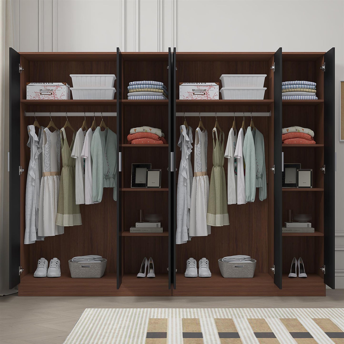 Reflect 2pc Wardrobe Bundle - 3 Door Plain + 3 Door Plain - Black Gloss & Walnut