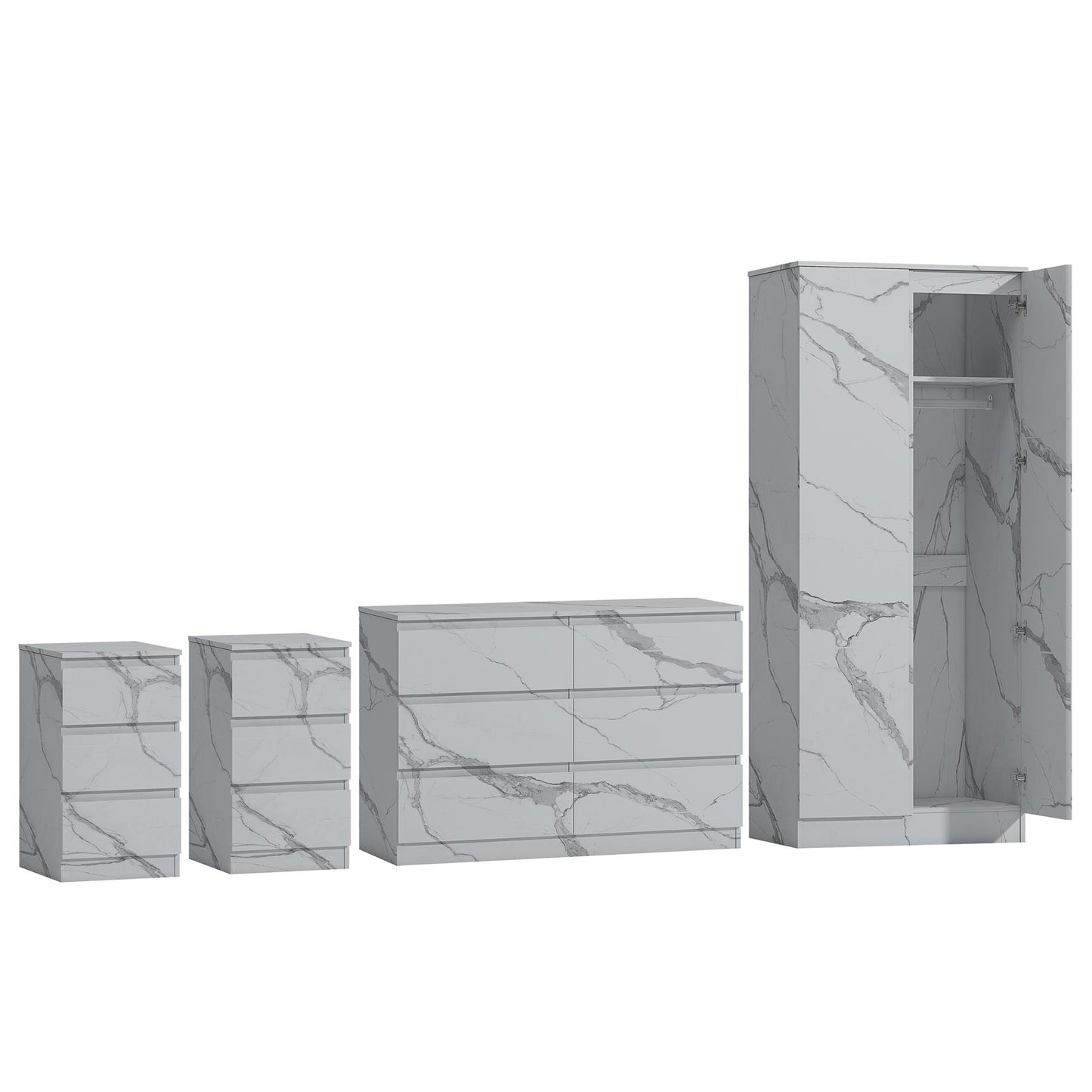 ZITA 4pc Set - 2 Door Wardrobe + Wide Chest + 2 Bedsides in White OR Grey Marble