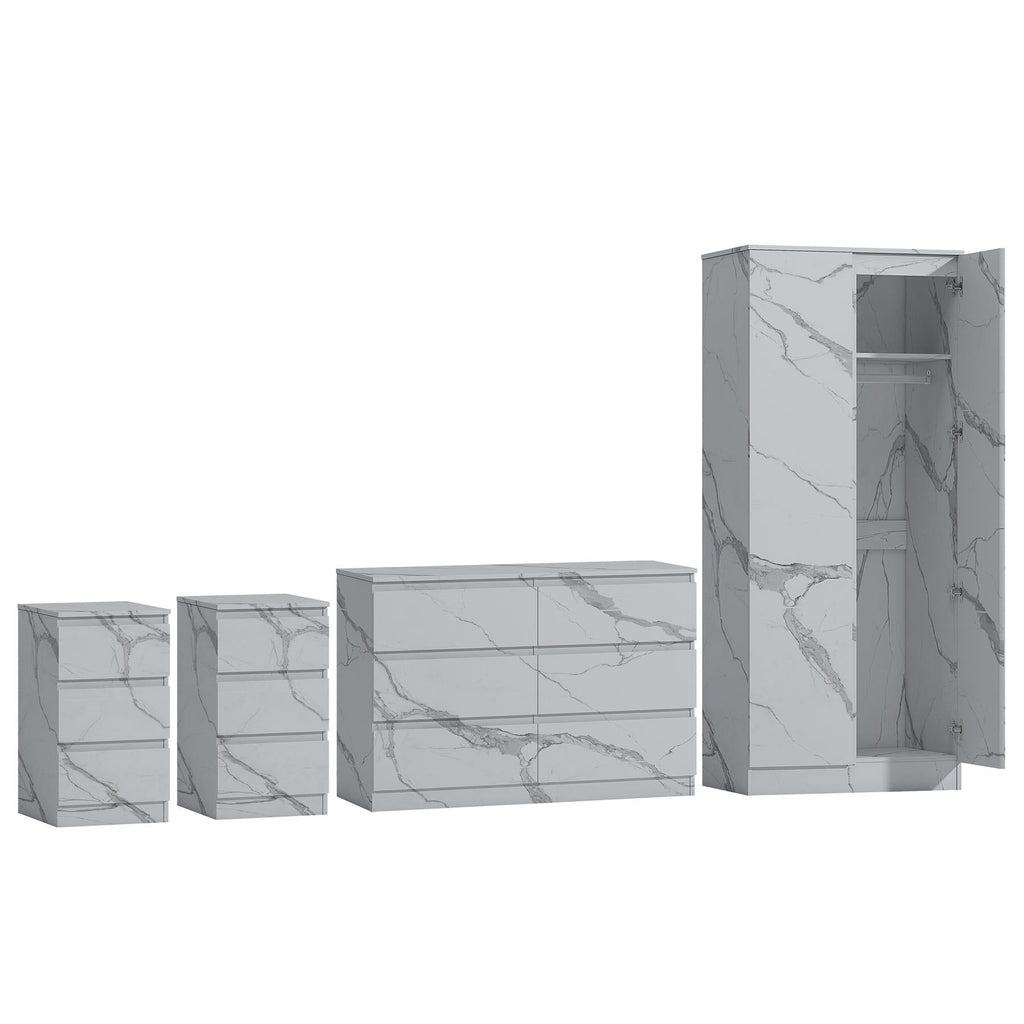 ZITA 4pc Bedroom Set White Marble Effect - Wardrobe, 6 Drawer Chest & 2 Bedsides