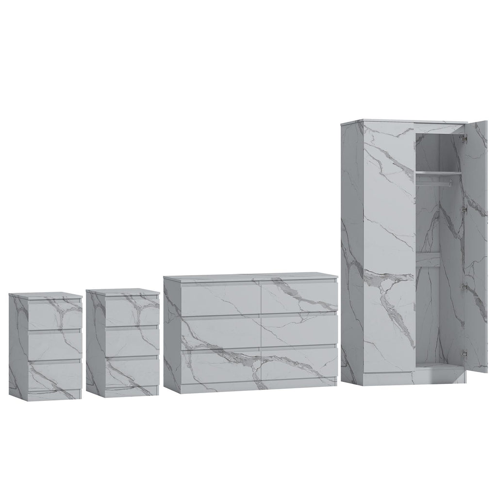 ZITA White Marble Effect 4 Piece Bedroom Set - Wardrobe, 6 Drawer Chest & 2 Bedside Tables, Stylish Bedroom Furniture