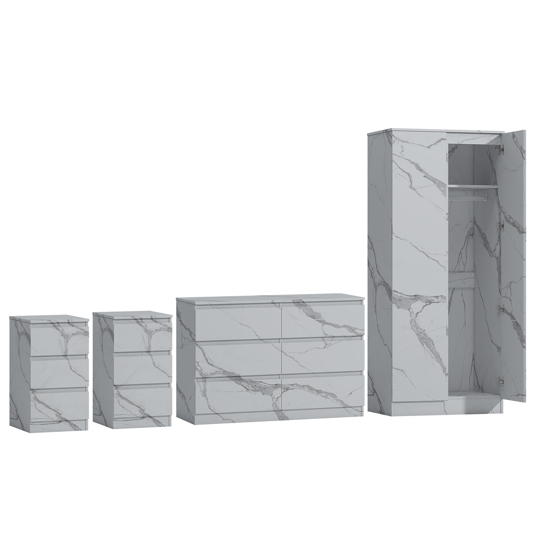 ZITA White Marble Effect 4 Piece Bedroom Set - Wardrobe, 6 Drawer Chest & 2 Bedside Tables, Stylish Bedroom Furniture
