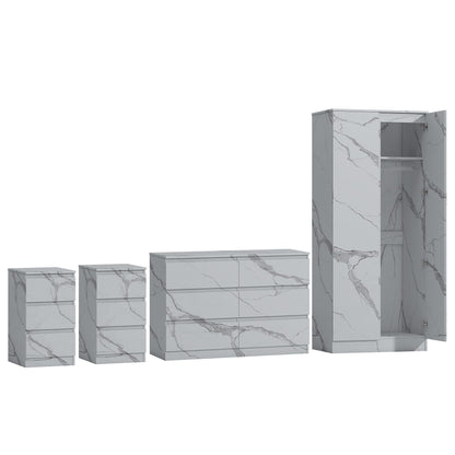 ZITA White Marble Effect 4 Piece Bedroom Set - Wardrobe, 6 Drawer Chest & 2 Bedside Tables, Stylish Bedroom Furniture