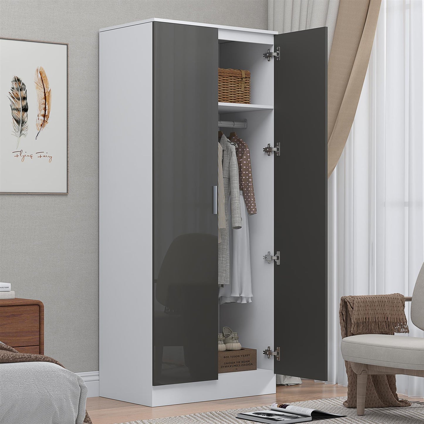Reflect 2 Door Mirrored Wardrobe - Grey Gloss & Matt White - Hanging Rails & Shelves - Modern Sleek Design