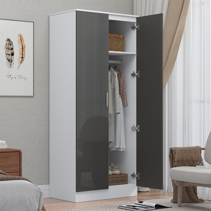 Reflect 2 Door Mirrored Wardrobe - Grey Gloss & Matt White - Hanging Rails & Shelves - Modern Sleek Design
