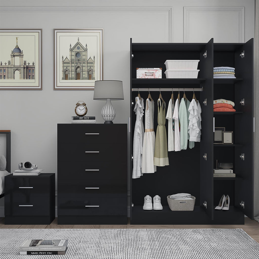 REFLECT Gloss 3pc Set - 3 Door Mirrored Wardrobe + 5 Draw Chest + Bedside