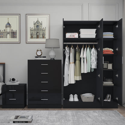 REFLECT Gloss 3pc Set - 3 Door Mirrored Wardrobe + 5 Draw Chest + Bedside