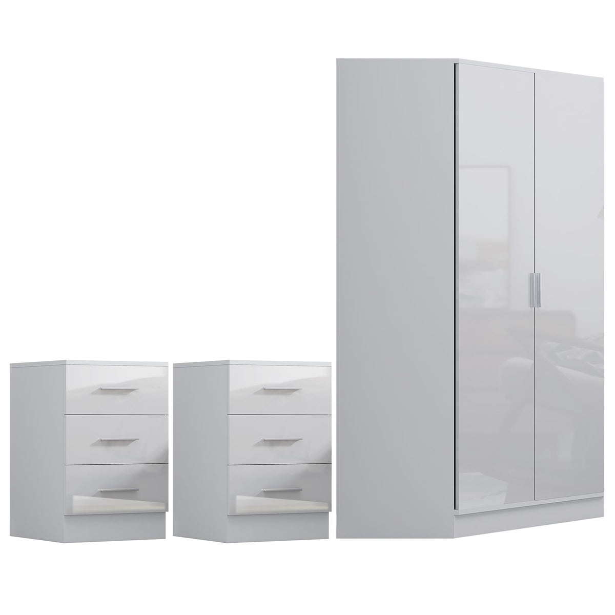 Reflect 3pc Wardrobe Bundle - 2 Door Corner + 2x 3 Drawer Bedsides - White Gloss & Matt White