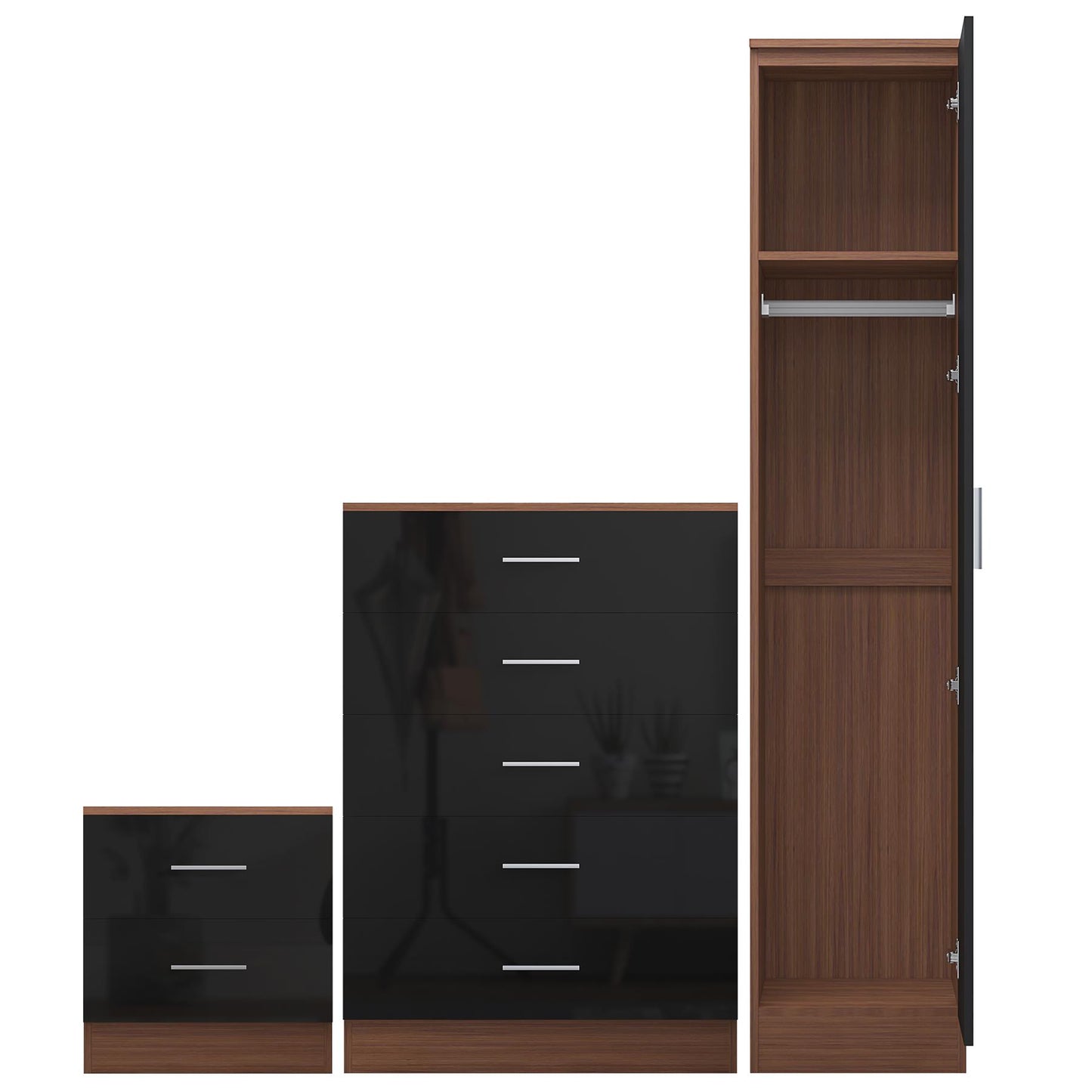 Reflect 1 Door Plain Wardrobe, 5 Drawer Chest, 2 Drawer Bedside - Black Gloss & Walnut - Bedroom Furniture Set