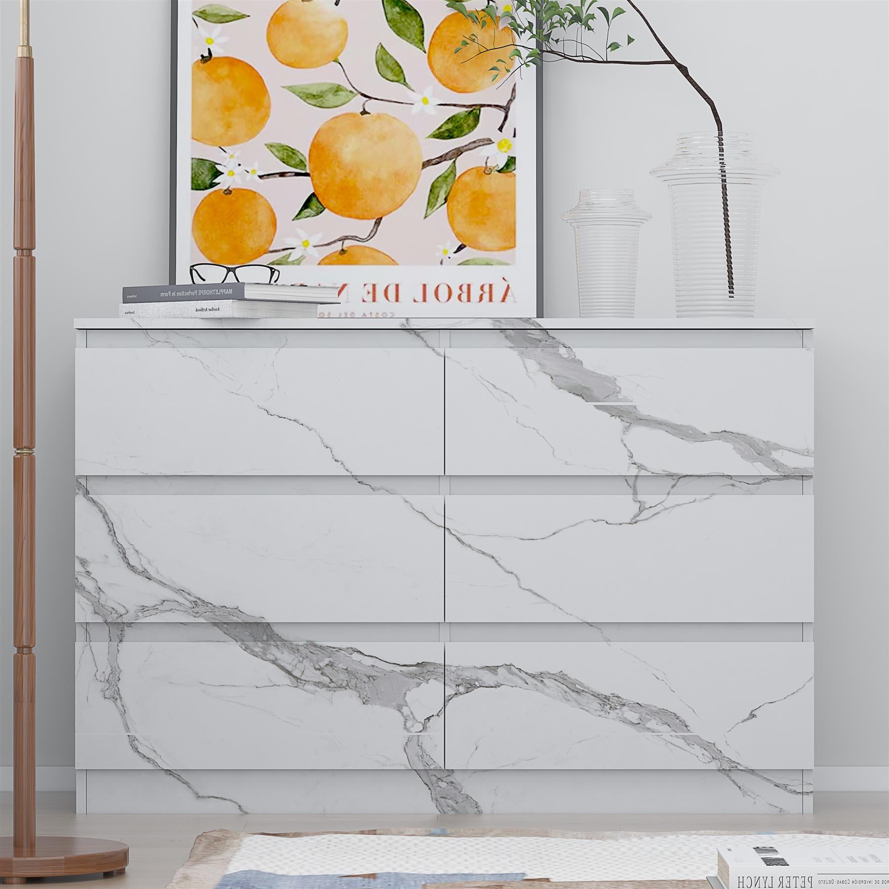 ZITA White Marble Effect 6 Drawer Chest - Wide Storage Unit, Stylish Bedroom Storage