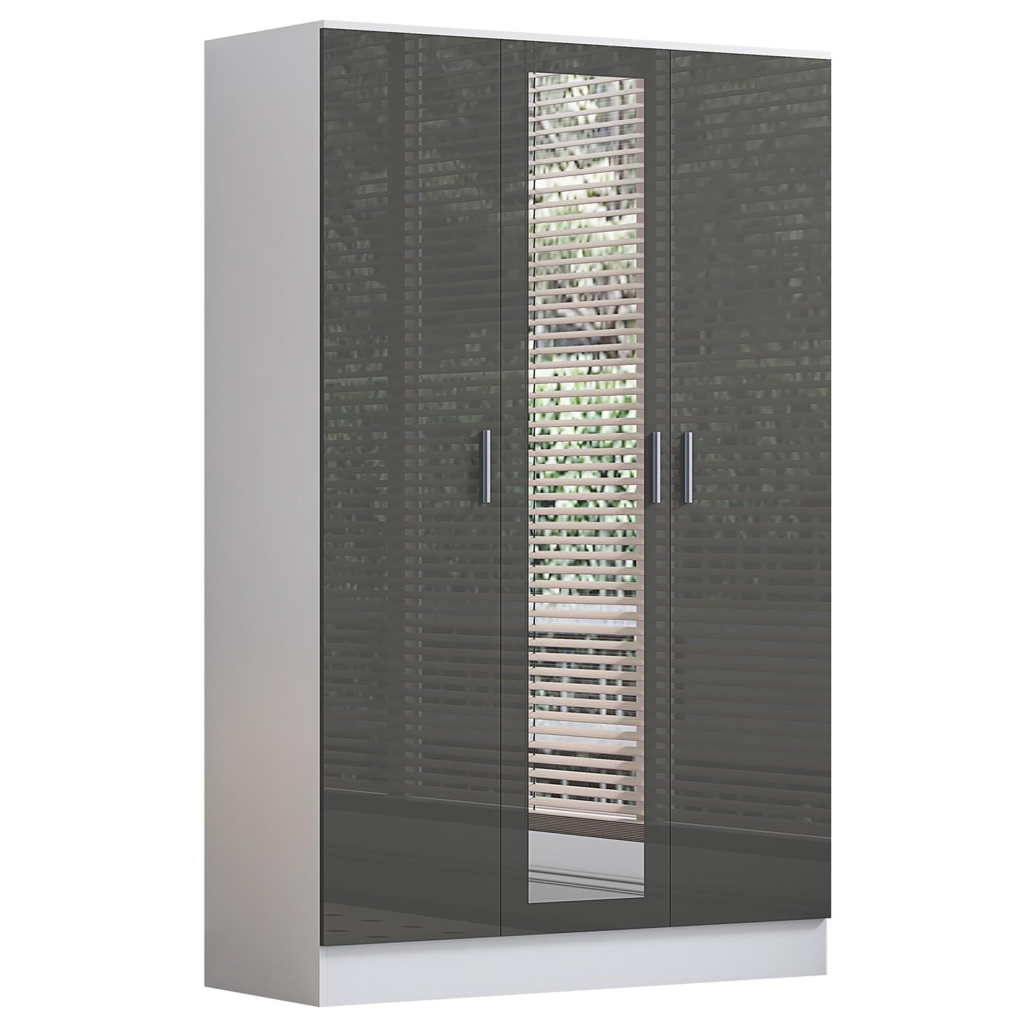 REFLECT Gloss 4pc Set - 3 Door Mirrored Wardrobe + 5 Draw Chest + Bedside + Desk