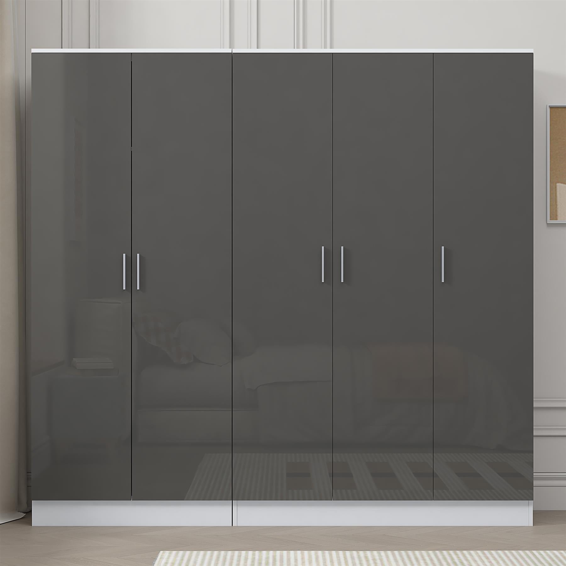 REFLECT - 3 Door PLAIN + 2 Door PLAIN Wardrobe - Gloss Grey / Matt White