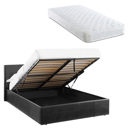 LUNA 5FT King Black Ottoman Storage Bed Gas Lift & 17cm Thick Spring Mattress - Faux Leather Fabric