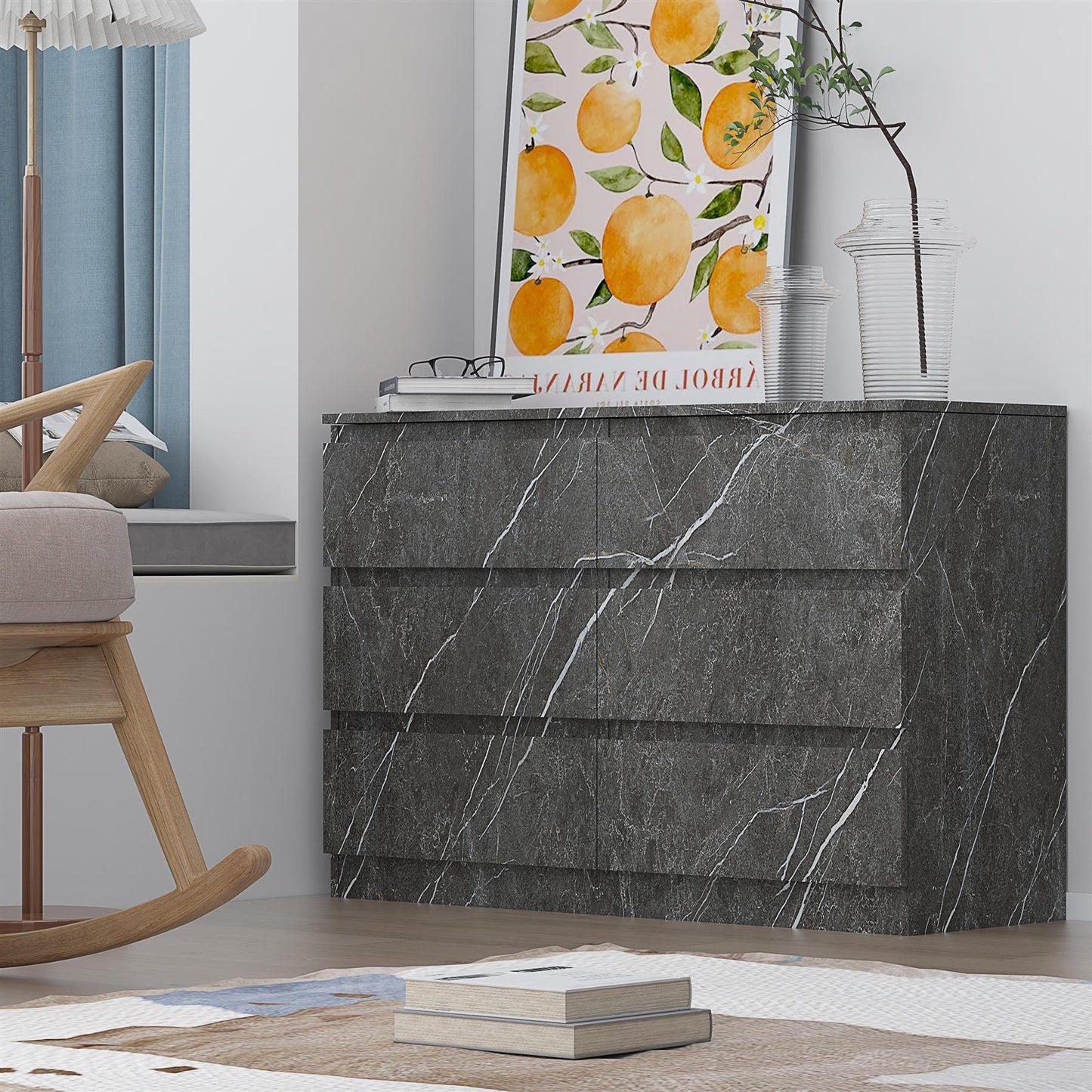ZITA Grey Marble Effect 6 Drawer Chest - Wide Storage Unit, Stylish Bedroom Storage