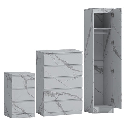 ZITA 3pc Set - 1 Door Wardrobe + Tall Chest + Bedside in White OR Grey Marble