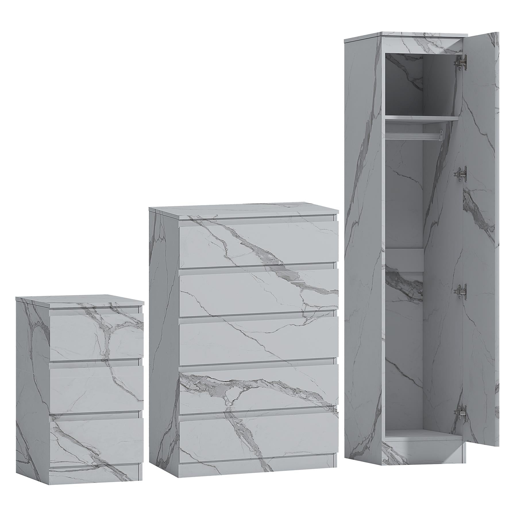 ZITA White Marble Effect 3 Piece Bedroom Set - 1-Door Wardrobe, Chest & Bedside Table, Stylish Modern Storage Furniture