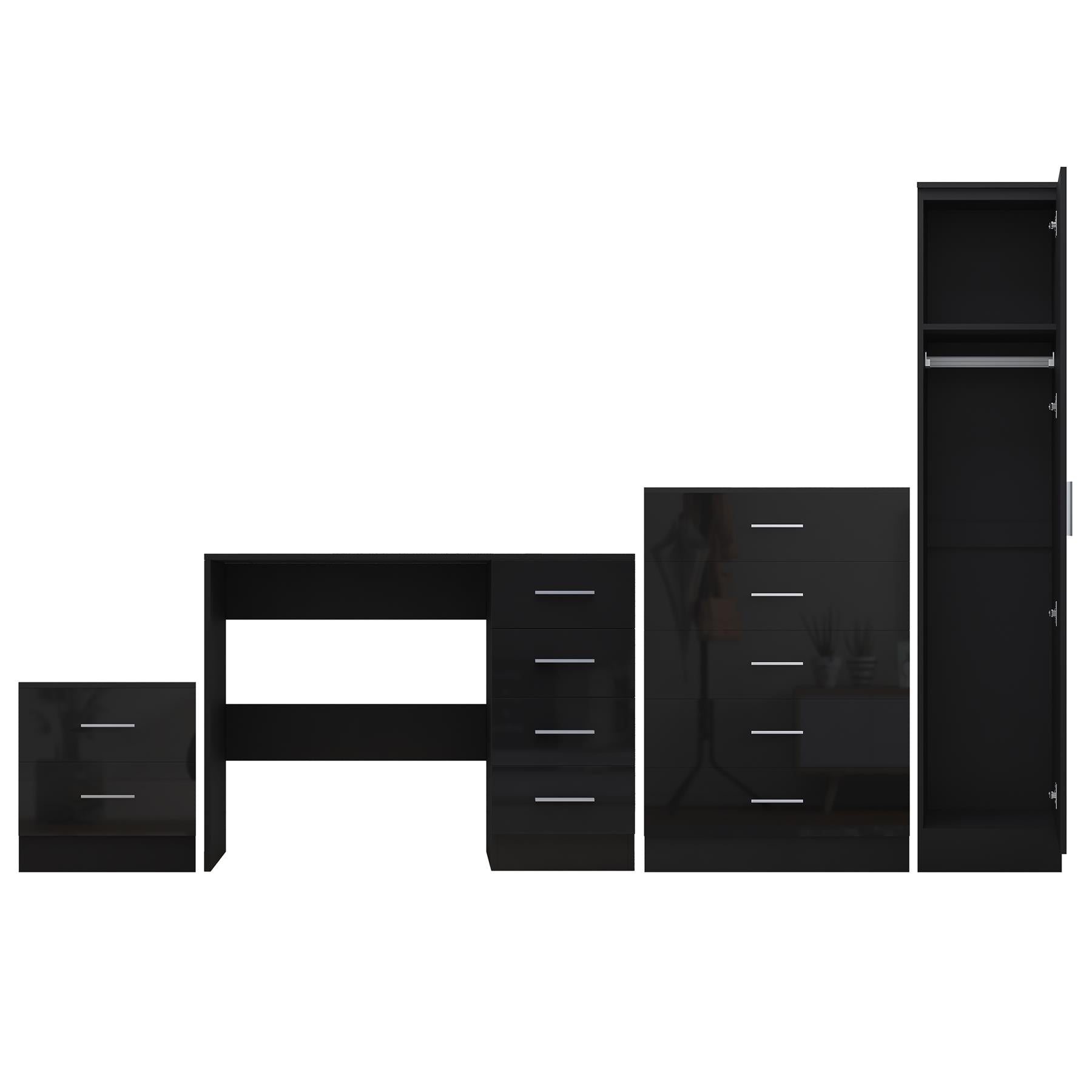 Reflect 1 Door Plain Wardrobe, 5 Drawer Chest, 2 Drawer Bedside & Desk - Black Gloss & Black Oak - Bedroom Furniture Set