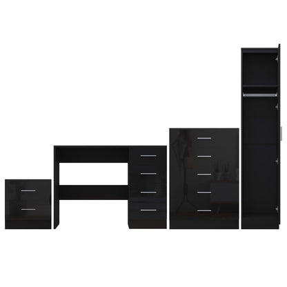 Reflect 1 Door Plain Wardrobe, 5 Drawer Chest, 2 Drawer Bedside & Desk - Black Gloss & Black Oak - Bedroom Furniture Set