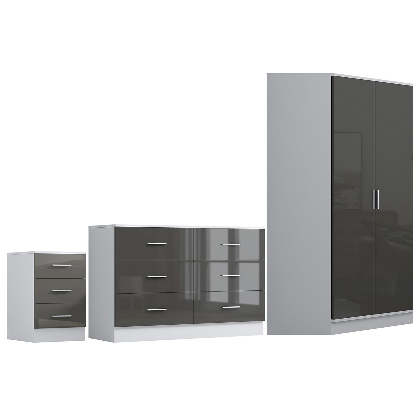 Reflect 2 Door Corner Wardrobe, 6 Drawer Chest, 3 Drawer Bedside - Grey Gloss & Matt White - Bedroom Furniture Set