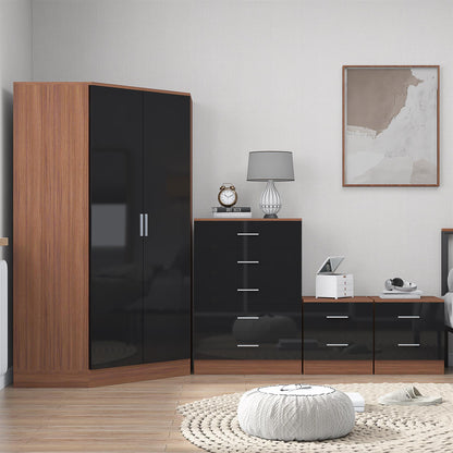 REFLECT Gloss 4pc Set - 2 Door Corner Wardrobe + 5 Draw Chest + 2 Bedsides