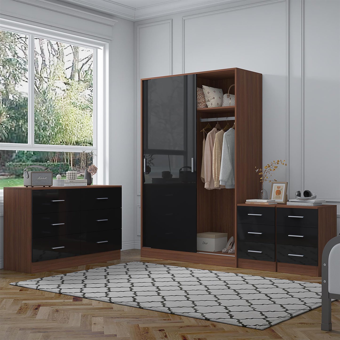 REFLECT Gloss 4pc Set - 2 Door Sliding Wardrobe + Wide Chest + 2 Tall Bedsides