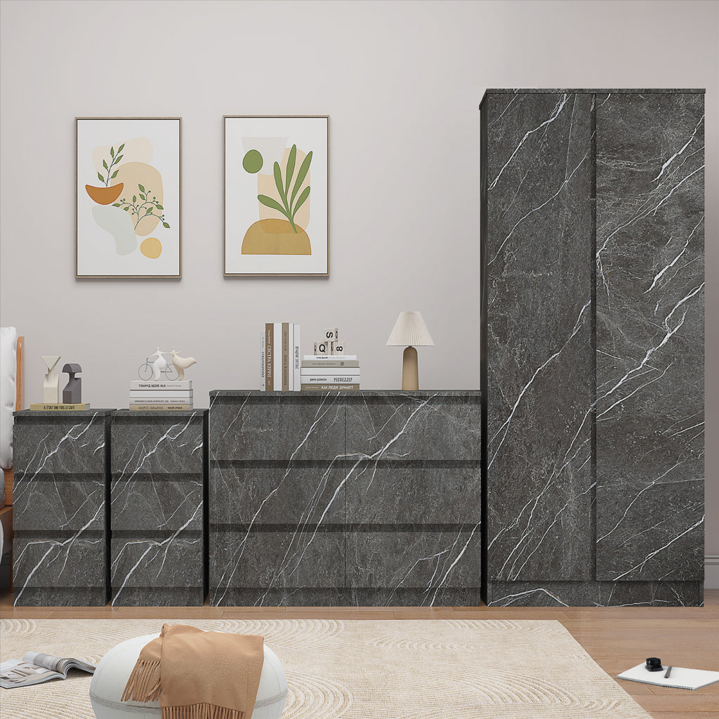 ZITA Grey Marble Effect 4 Piece Bedroom Set - Wardrobe, 6 Drawer Chest & 2 Bedside Tables, Stylish Bedroom Furniture