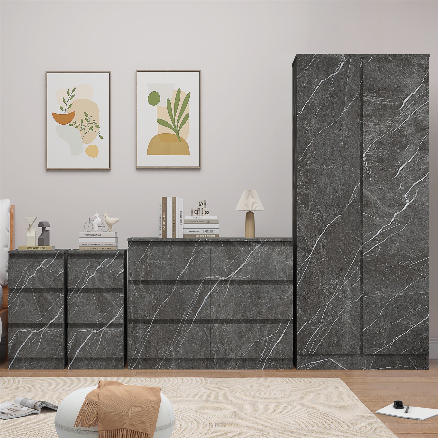 ZITA Grey Marble Effect 4 Piece Bedroom Set - Wardrobe, 6 Drawer Chest & 2 Bedside Tables, Stylish Bedroom Furniture