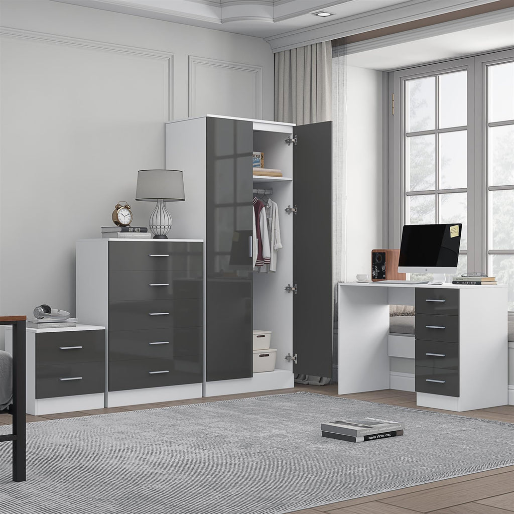 REFLECT Gloss 4pc Bedroom Set - 2 Door Wardrobe + 5 Draw Chest + Bedside + Desk