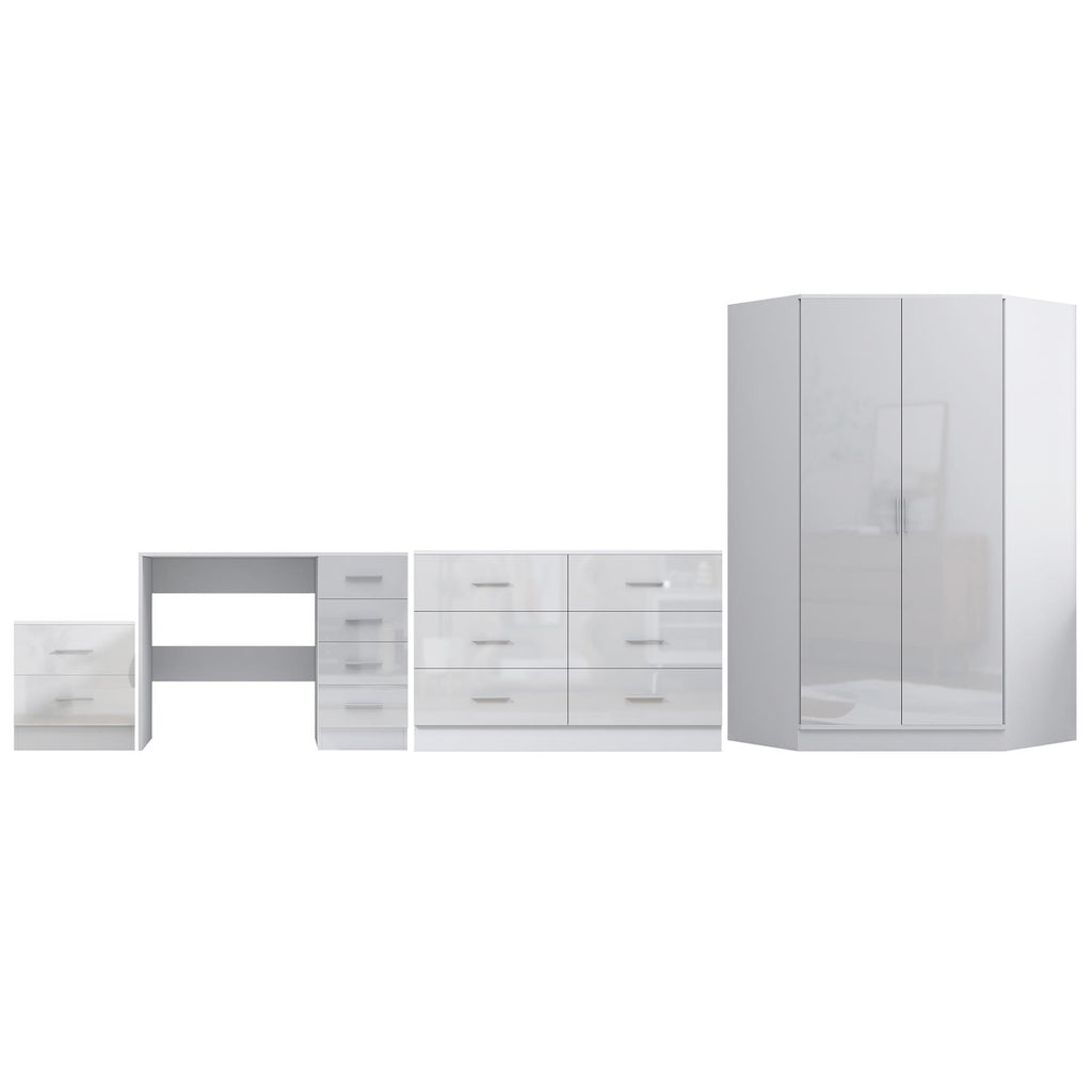REFLECT - 2 Door CORNER + 6 Drawer Chest + 2 Drawer Bedside + 4 Drawer Desk - Gloss White / Matt White