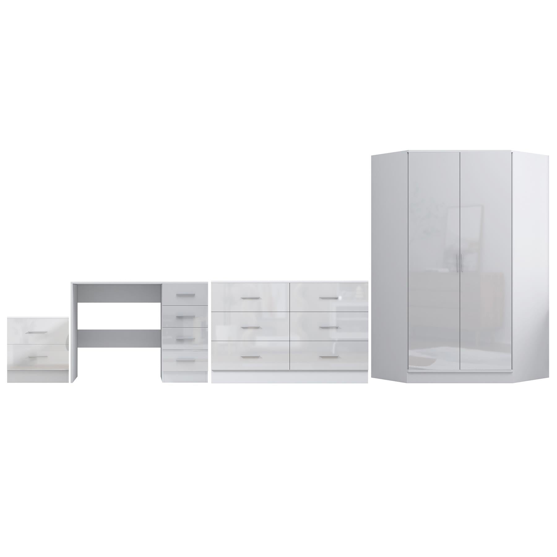 REFLECT - 2 Door CORNER + 6 Drawer Chest + 2 Drawer Bedside + 4 Drawer Desk - Gloss White / Matt White