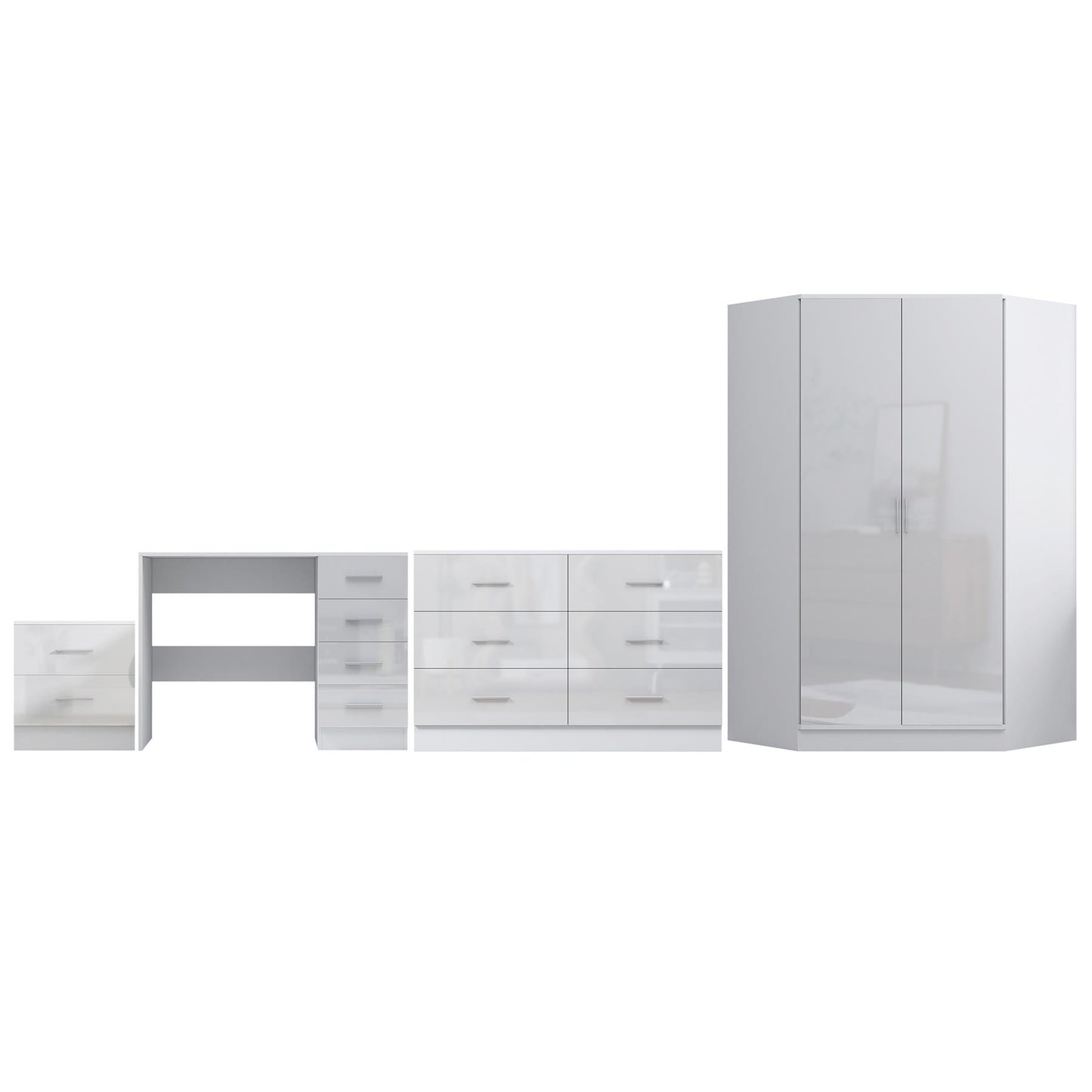 Reflect 2 Door Corner Wardrobe, 6 Drawer Chest, 2 Drawer Bedside & Desk - White Gloss & Matt White - Bedroom Furniture Set