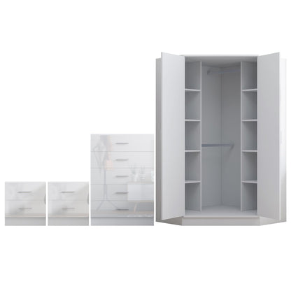 Reflect 2 Door Corner Wardrobe, 5 Drawer Chest, 2x 2 Drawer Bedsides - White Gloss & Matt White - Bedroom Furniture Set