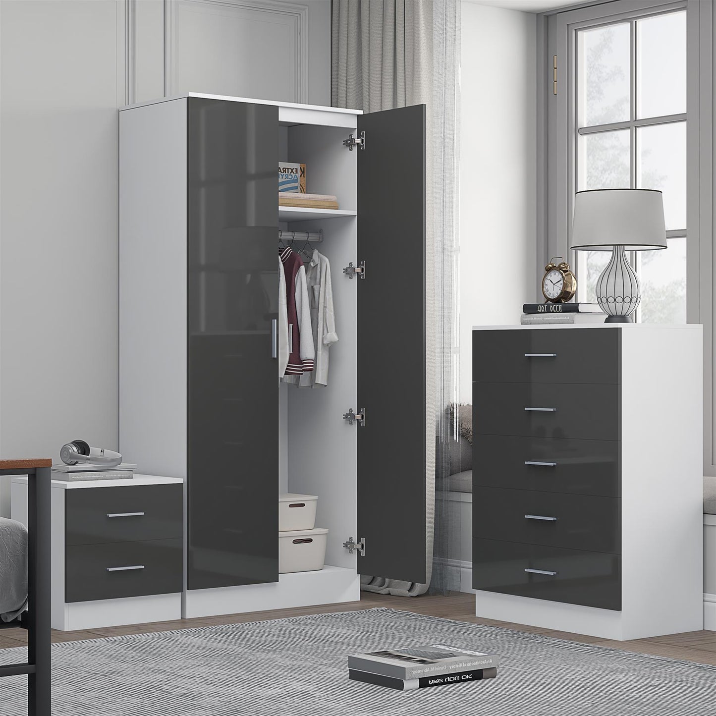 REFLECT Gloss 3pc Set - 2 Door Mirrored Wardrobe + 5 Draw Chest + Bedside