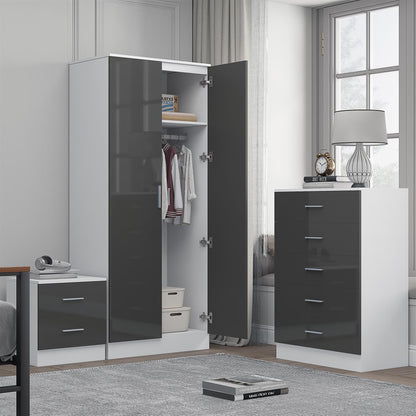 Reflect 2 Door Mirror Wardrobe, 5 Drawer Chest, 2 Drawer Bedside - Grey Gloss & Matt White - Modern Bedroom Furniture Set