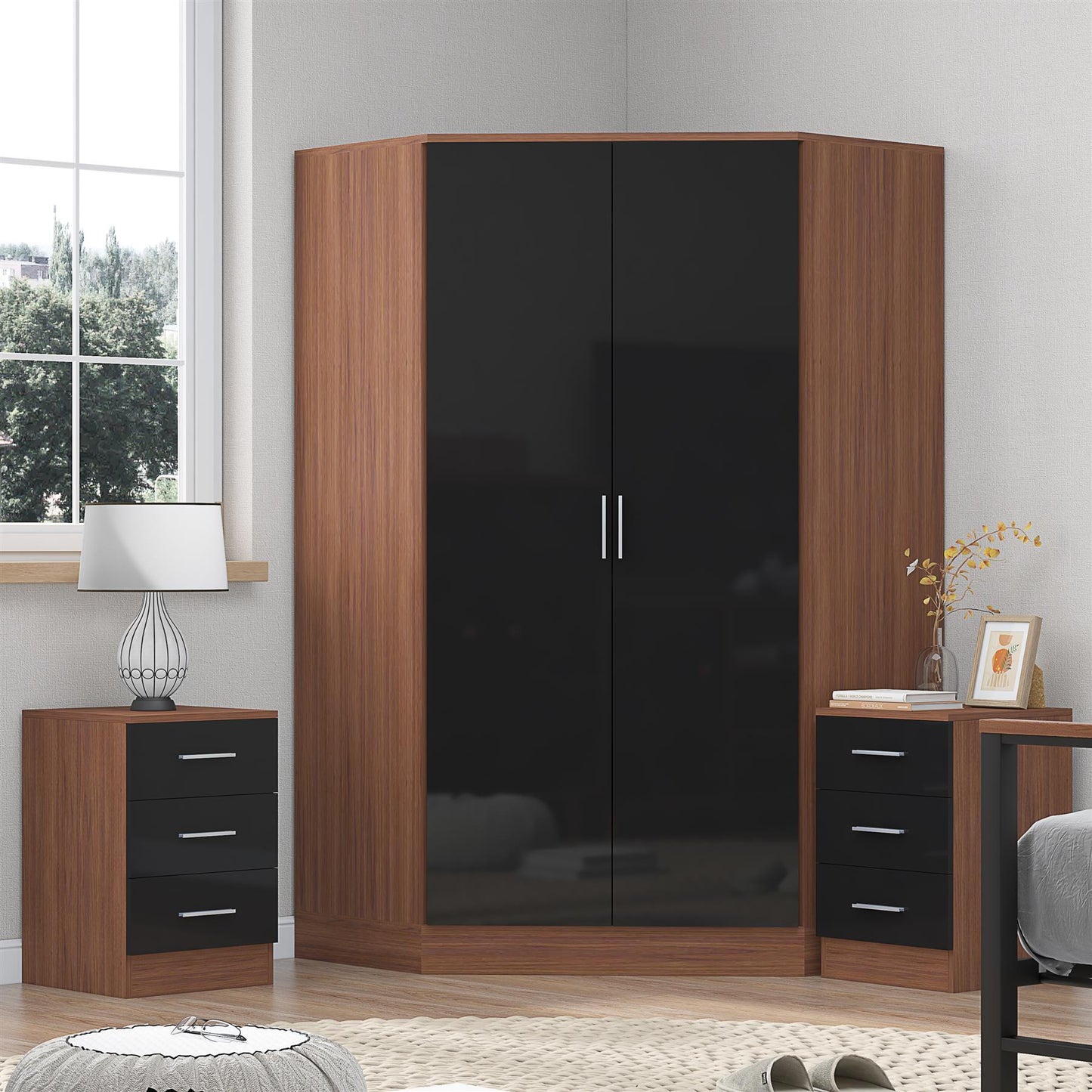 Reflect 3pc Wardrobe Bundle - 2 Door Corner + 2x 3 Drawer Bedsides - Black Gloss & Walnut