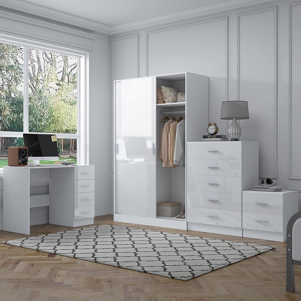 REFLECT Gloss 4pc Set - 2 Door Sliding Wardrobe + 5 Draw Chest + Bedside + Desk