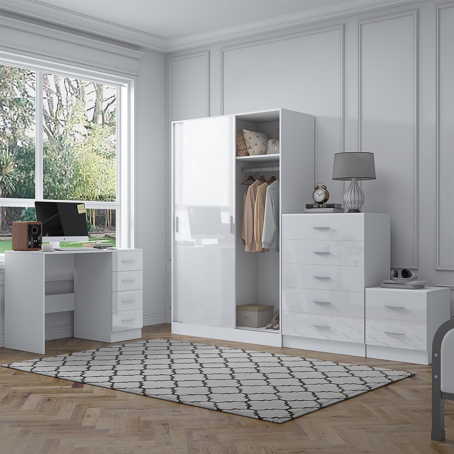 REFLECT Gloss 4pc Set - 2 Door Sliding Wardrobe + 5 Draw Chest + Bedside + Desk
