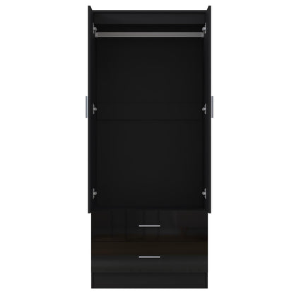 Reflect 2 Door 2 Drawer Combi Plain Wardrobe - Black Gloss & Black Oak - Hanging Rails, Drawers & Shelf
