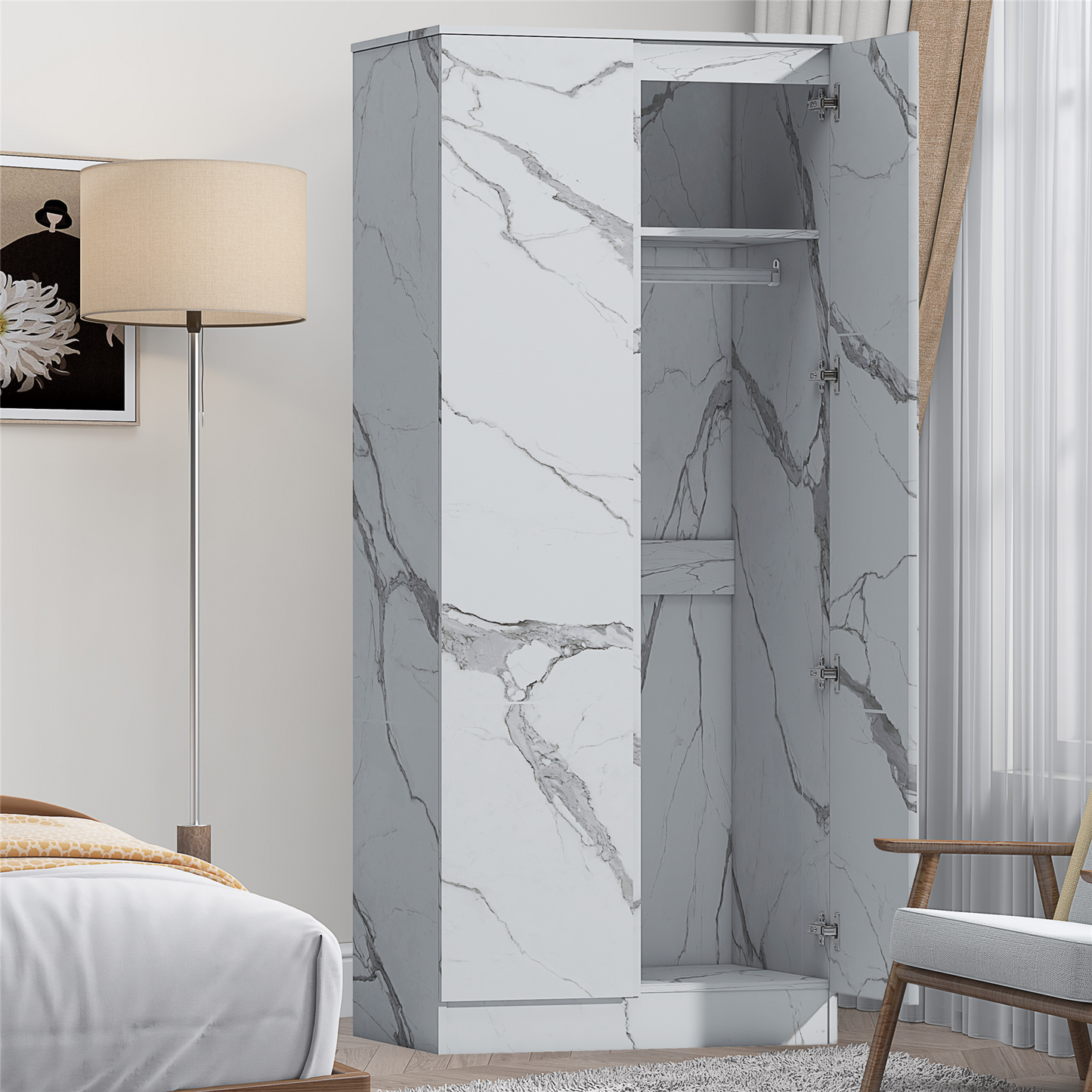 ZITA Bedroom Furniture 2 Door Wardrobe in White OR Grey Marble Colour Option