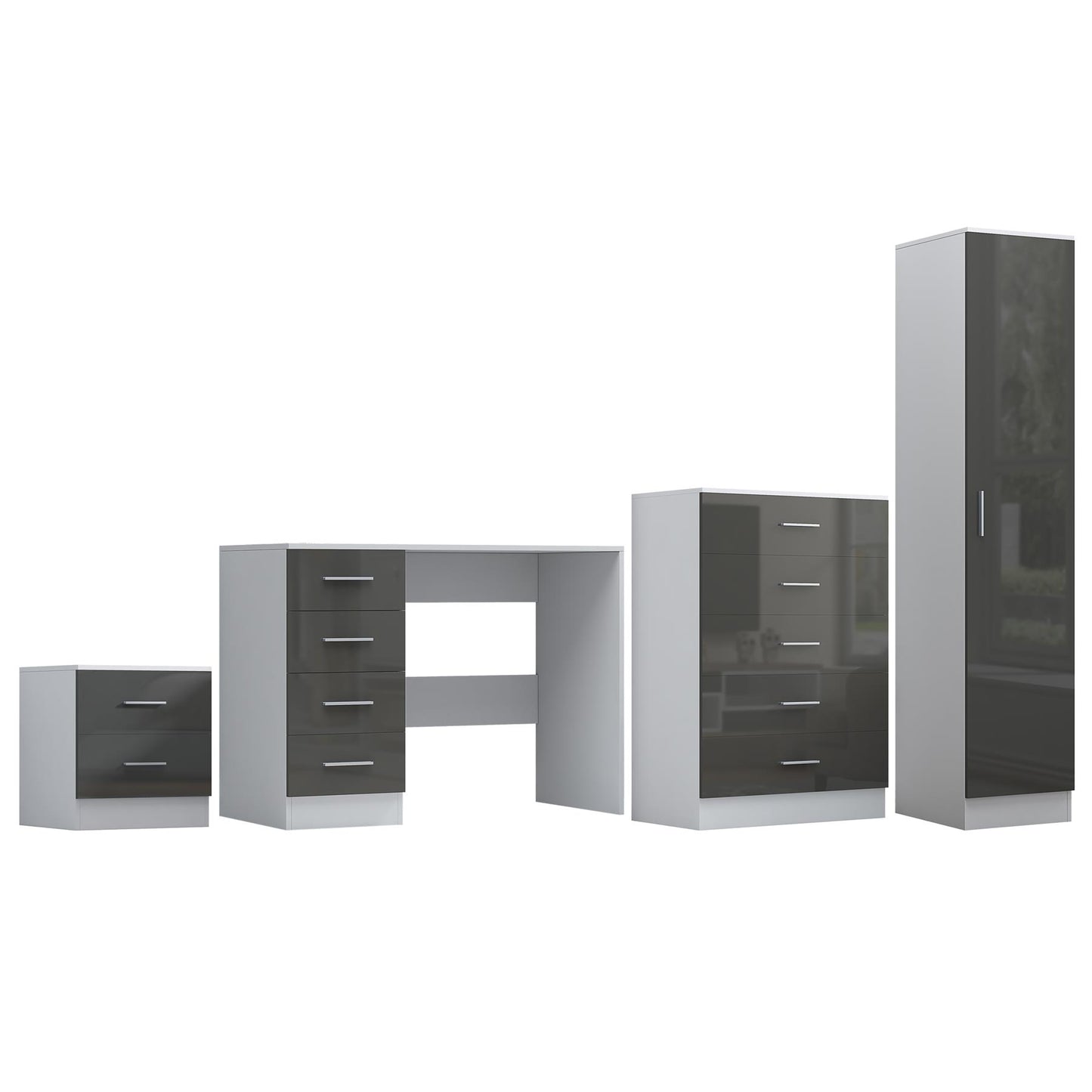 REFLECT Gloss 4pc Bedroom Set - 1 Door Wardrobe + 5 Draw Chest + Bedside + Desk