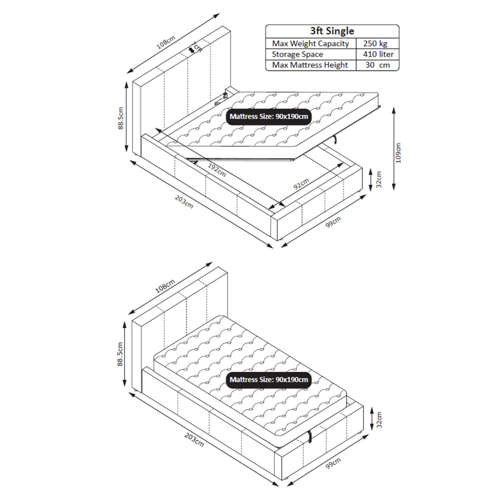 LUNA Faux Leather Ottoman Storage Bed Available Colour Size & Mattress Options