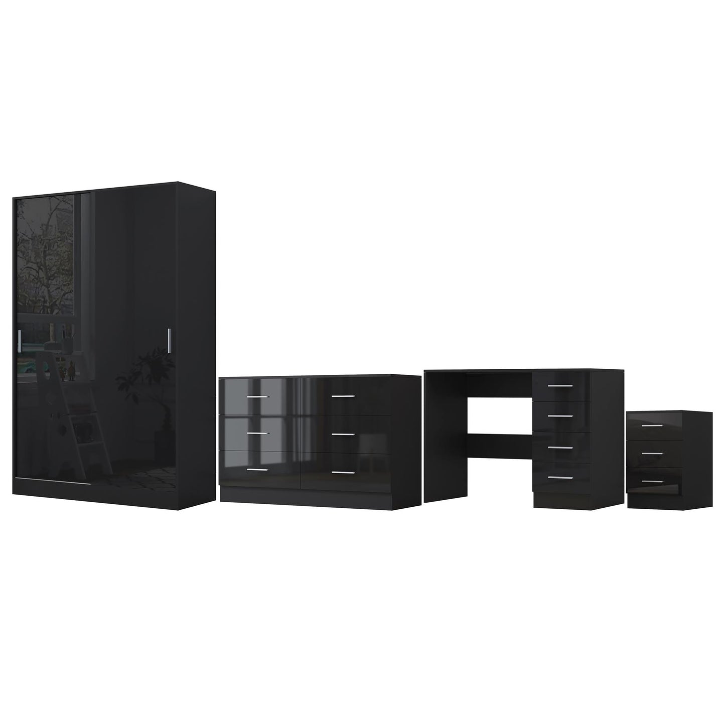 Reflect 2 Door Sliding Wardrobe, 6 Drawer Wide Chest, 3 Drawer Bedside, 4 Drawer Desk - Black Gloss & Black Oak - Modern Bedroom Furniture Set