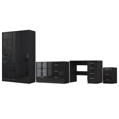 Reflect 2 Door Sliding Wardrobe, 6 Drawer Wide Chest, 3 Drawer Bedside, 4 Drawer Desk - Black Gloss & Black Oak - Modern Bedroom Furniture Set