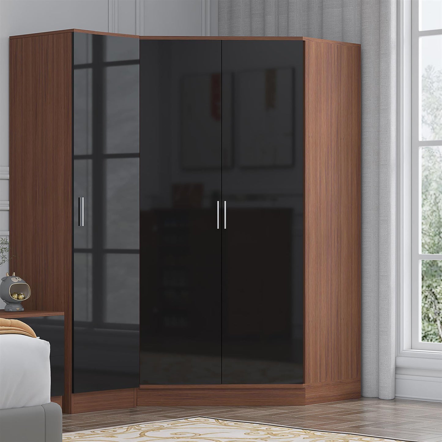 Reflect 2pc Wardrobe Bundle - 2 Door Corner + 1 Door Plain - Black Gloss & Walnut